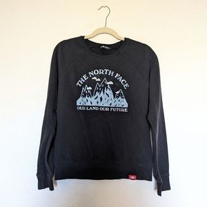 The North Face Black Crewneck Mountain Print Sweater Medium "Our land Our future